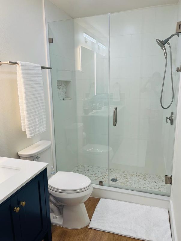 Bathroom, Glass Shower, Interior, Wood Texture Flooring