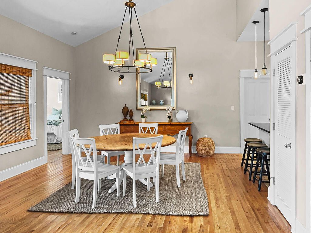 Dining room, Interior, Pendant Lights, Wood Texture Flooring