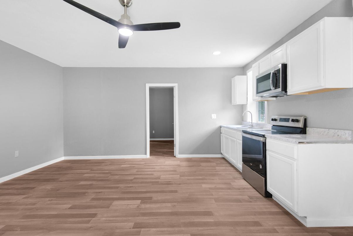 Interior, Kitchen, Recessed Lighting, Stainless Steel Appliances, Wood Texture Flooring