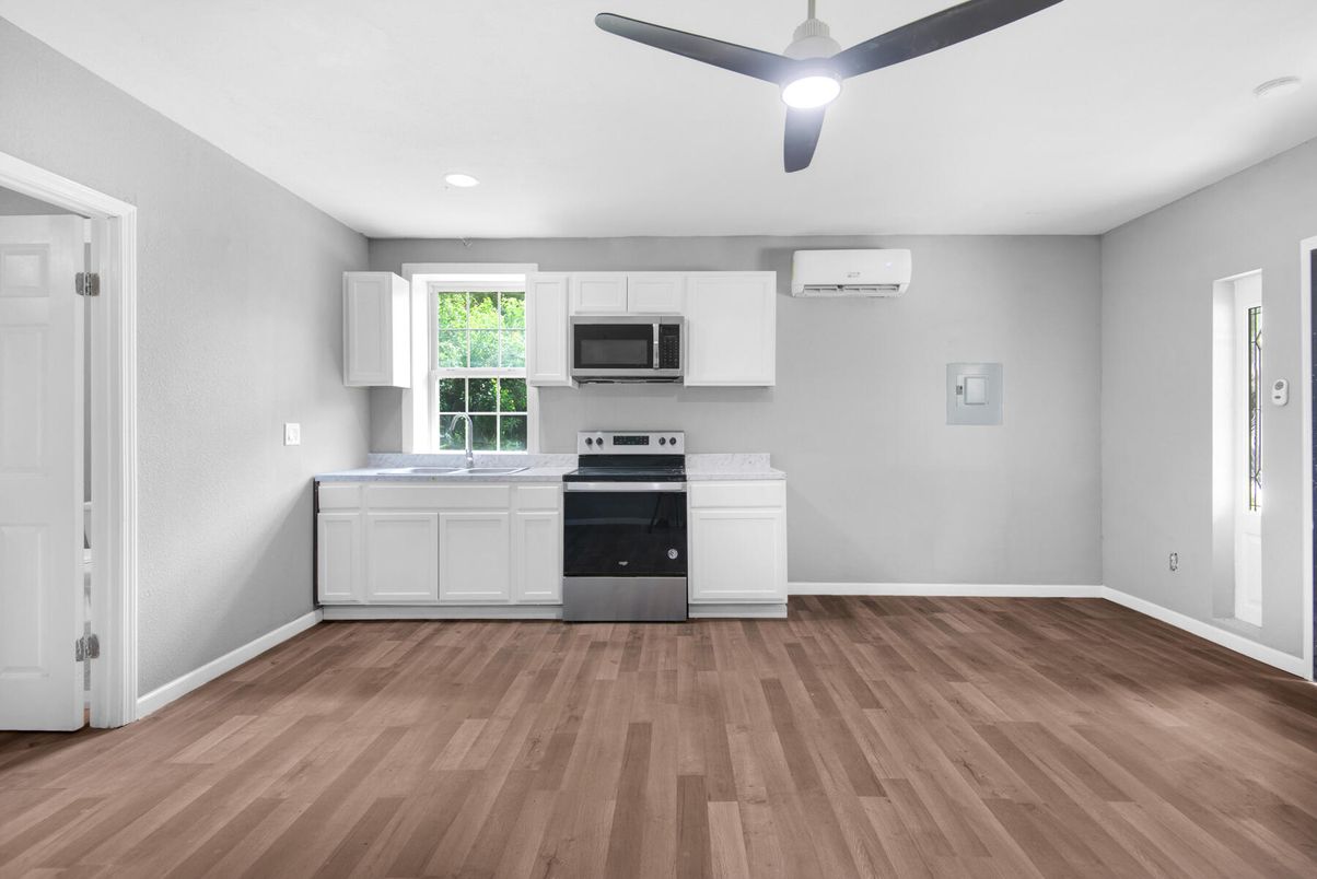 Interior, Kitchen, Recessed Lighting, Stainless Steel Appliances, Wood Texture Flooring