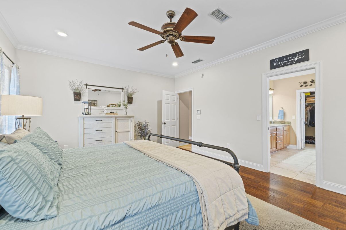 Bedroom, Interior, Recessed Lighting, Wood Texture Flooring