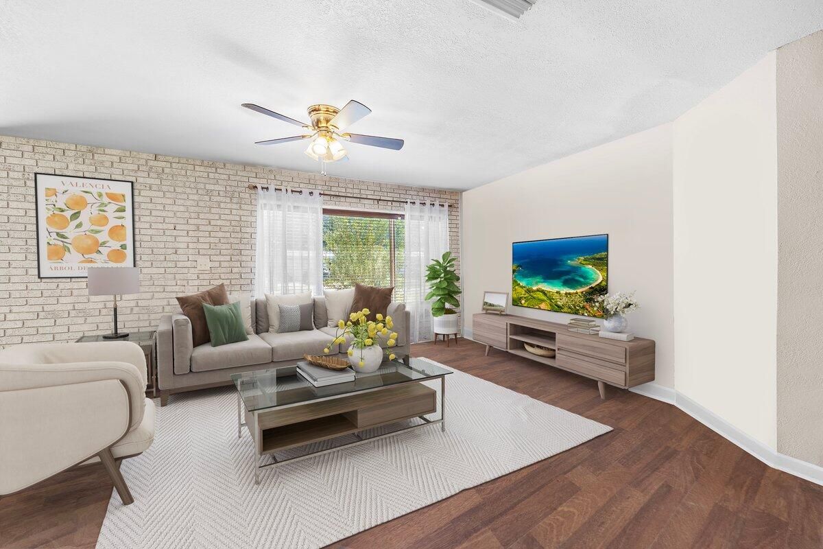 Interior, Living room, Stone Walls, Wood Texture Flooring