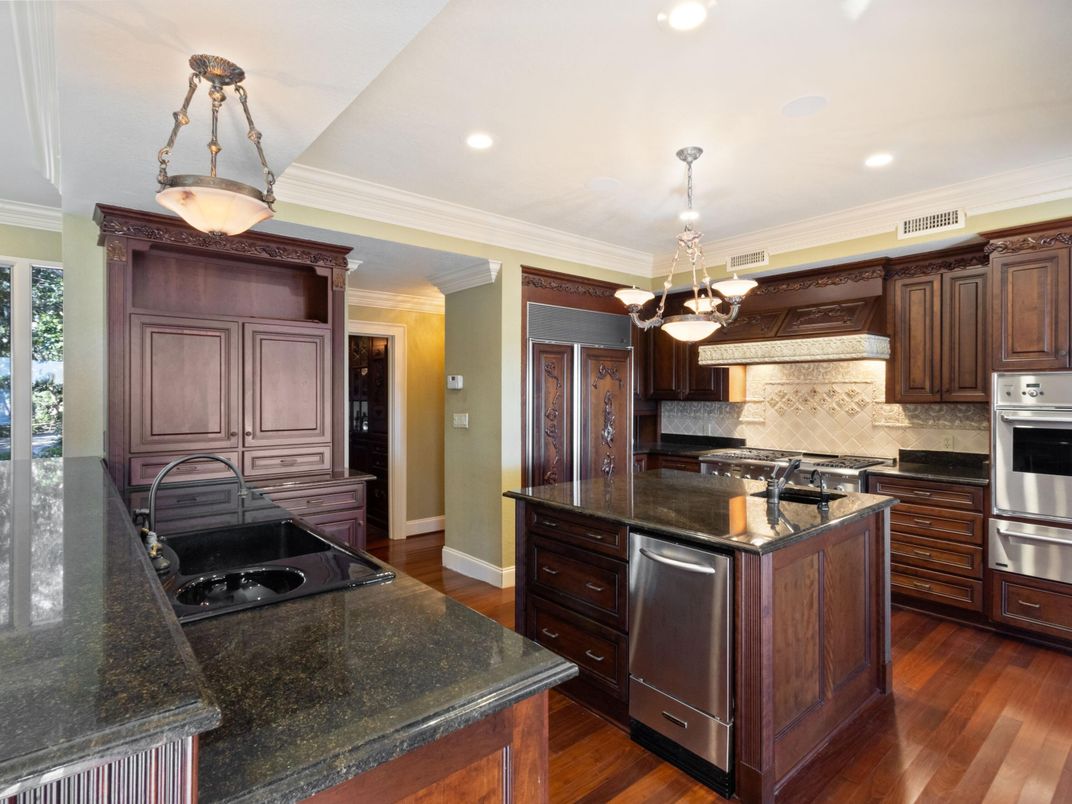 Chandelier, Interior, Kitchen, Pendant Lights, Recessed Lighting, Stainless Steel Appliances, Wood Texture Flooring