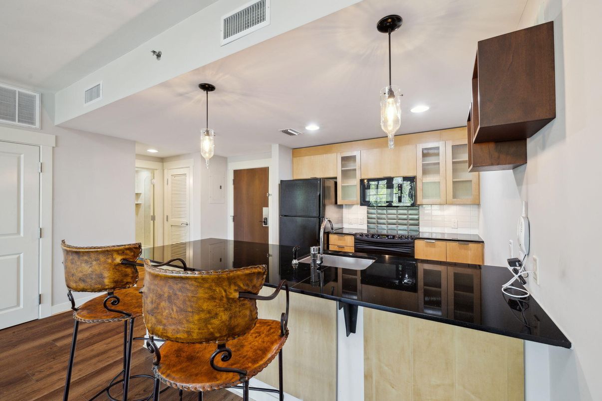 Interior, Kitchen, Pendant Lights, Recessed Lighting, Stainless Steel Appliances, Wood Texture Flooring