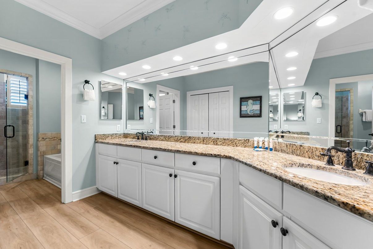 Bathroom, Dual Sink Vanities, Glass Shower, Interior, Recessed Lighting, Wood Texture Flooring