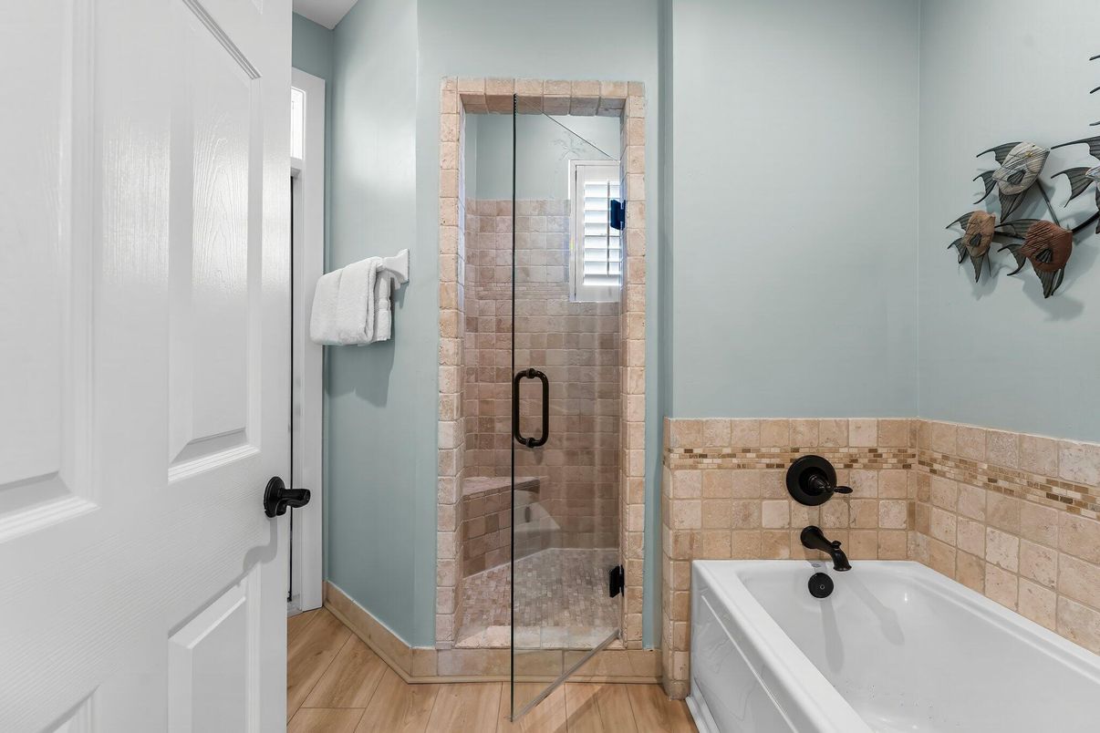 Bathroom, Glass Shower, Interior, Wood Texture Flooring
