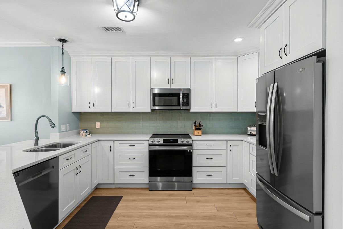 Interior, Kitchen, Pendant Lights, Recessed Lighting, Stainless Steel Appliances, Wood Texture Flooring