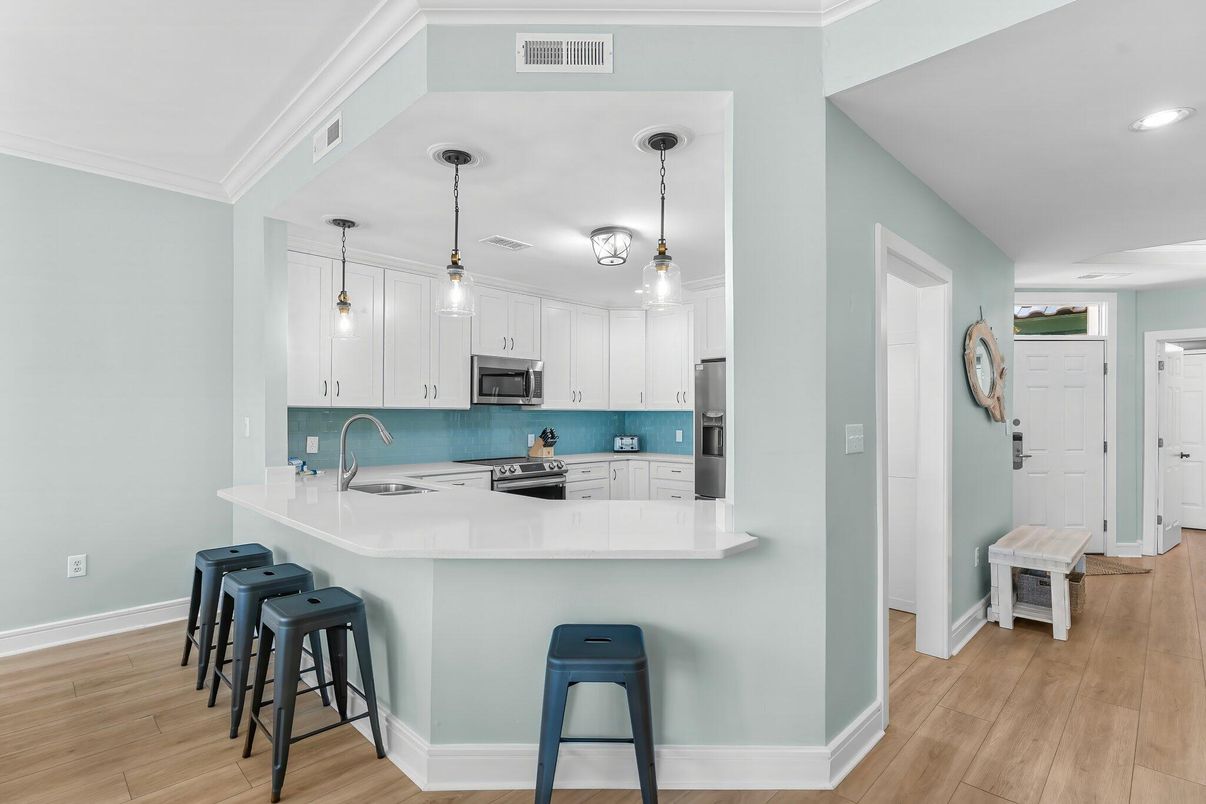 Interior, Kitchen, Pendant Lights, Recessed Lighting, Stainless Steel Appliances, Wood Texture Flooring