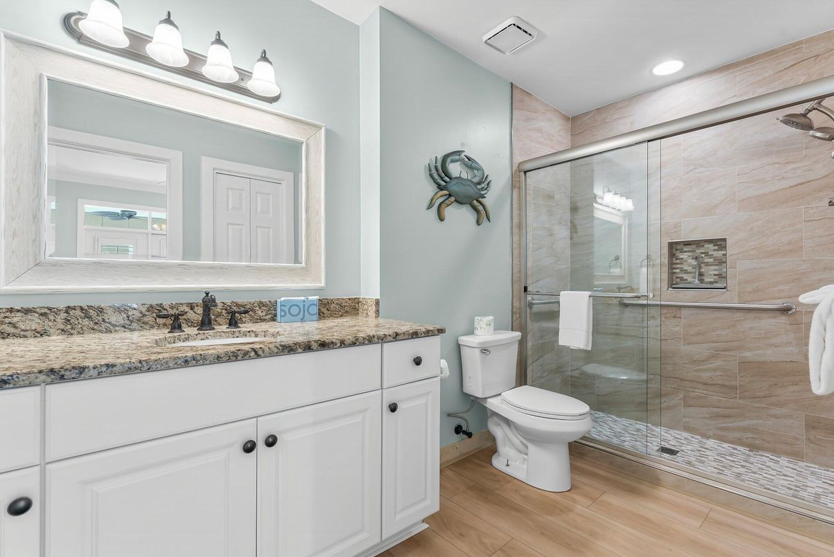 Bathroom, Glass Shower, Interior, Recessed Lighting, Wood Texture Flooring