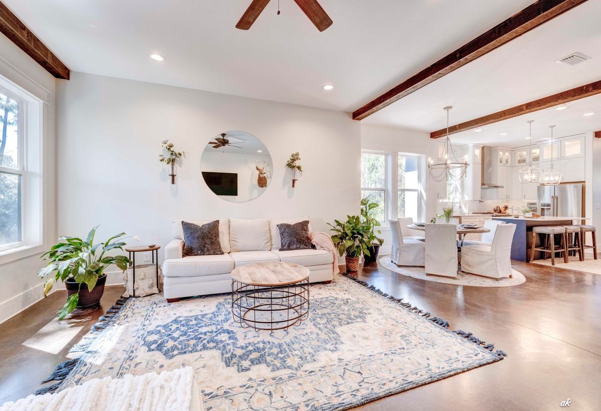 Dining room, Interior, Kitchen, Living room, Pendant Lights, Recessed Lighting, Wooden Beams, Wood Texture Flooring