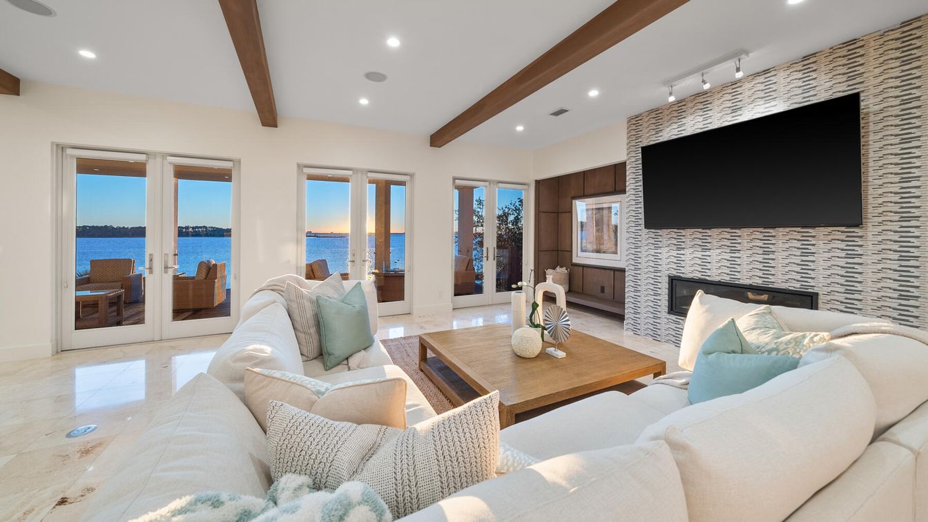 Fireplace, Interior, Living room, Recessed Lighting, Water, Wooden Beams