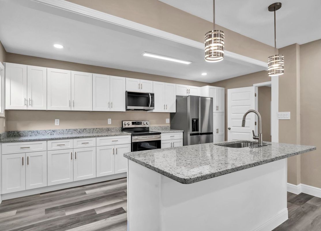 Interior, Kitchen, Pendant Lights, Recessed Lighting, Stainless Steel Appliances, Wood Texture Flooring