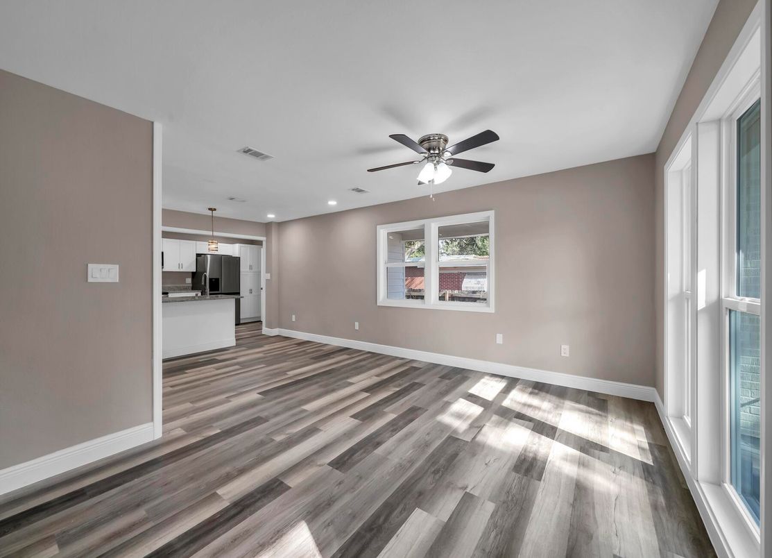 Empty room, Interior, Kitchen, Pendant Lights, Recessed Lighting, Wood Texture Flooring