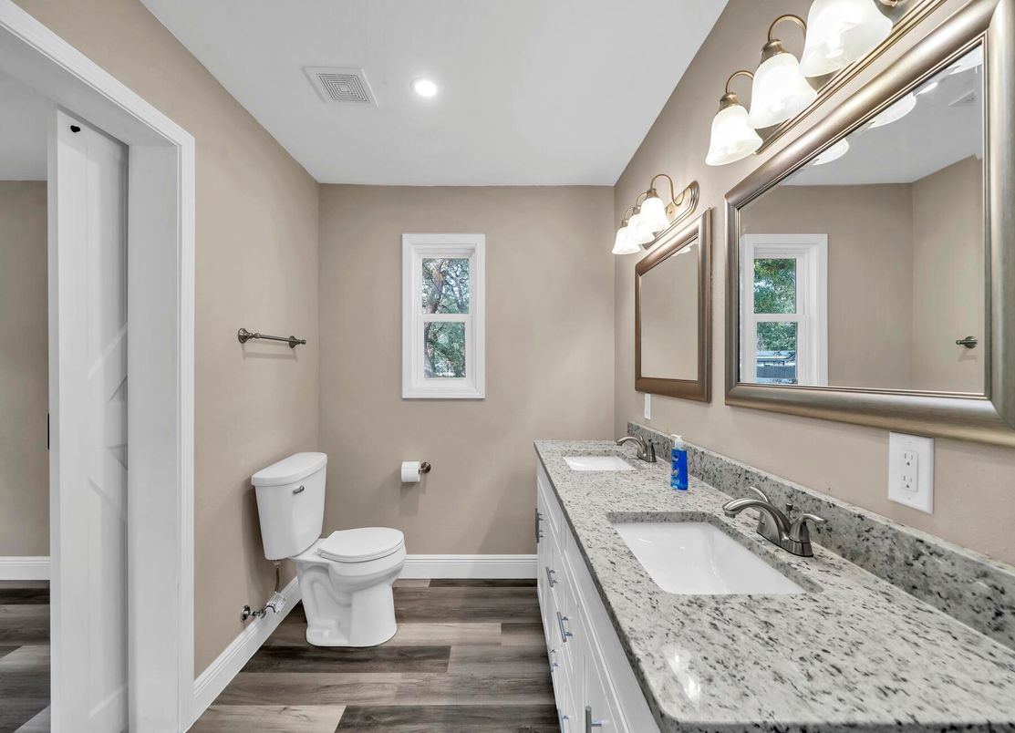 Bathroom, Dual Sink Vanities, Interior, Recessed Lighting, Wood Texture Flooring