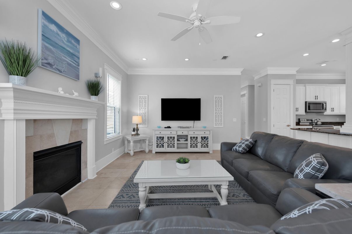 Fireplace, Interior, Kitchen, Living room, Recessed Lighting