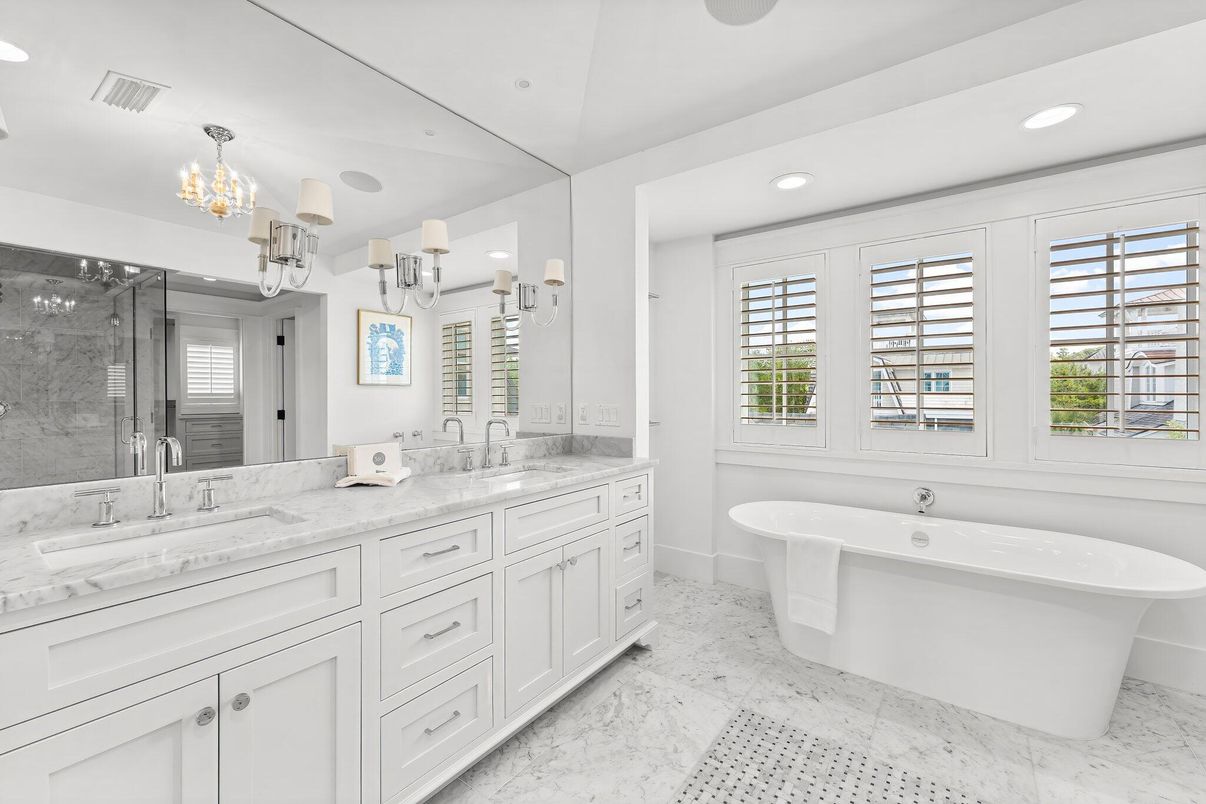 Bathroom, Chandelier, Dual Sink Vanities, Free Standing Baths, Glass Shower, Interior, Marble, Recessed Lighting