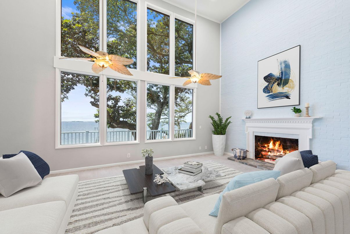 Fireplace, Interior, Living room, Recessed Lighting, Stone Walls, Water