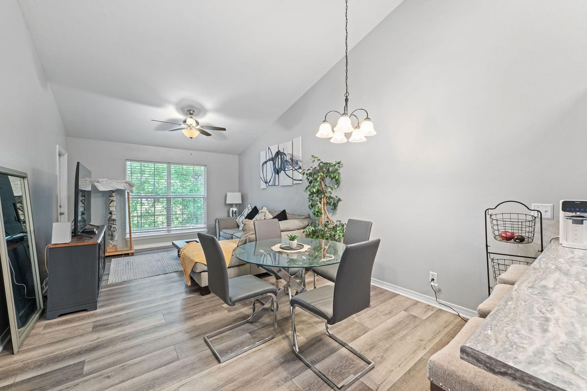 Dining room, Interior, Living room, Pendant Lights, Wood Texture Flooring