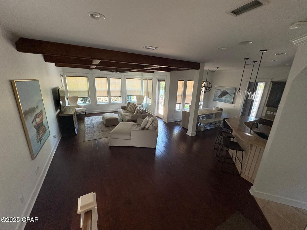 Dining room, Interior, Living room, Pendant Lights, Recessed Lighting, Wooden Beams, Wood Texture Flooring