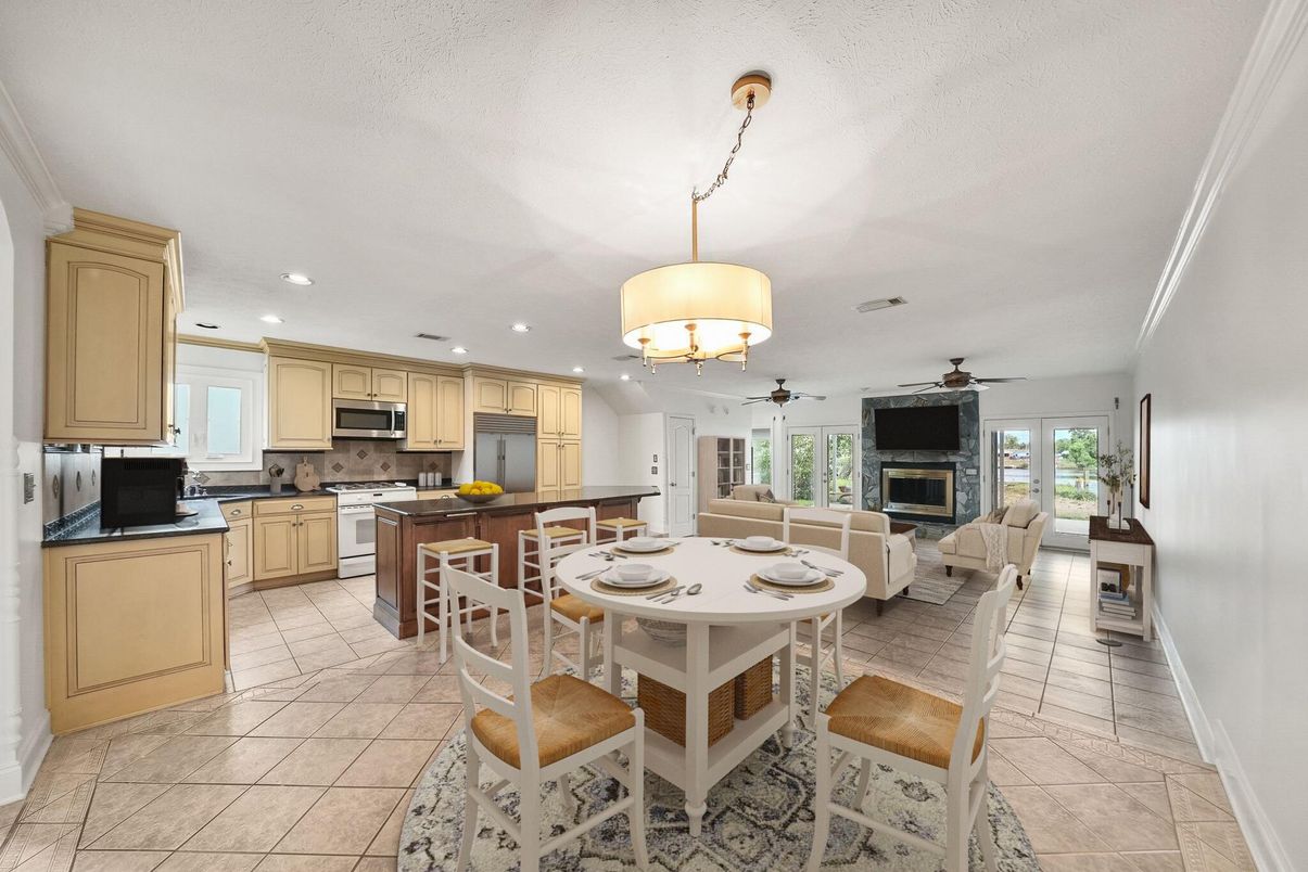 Chandelier, Dining room, Fireplace, Interior, Kitchen, Living room, Recessed Lighting