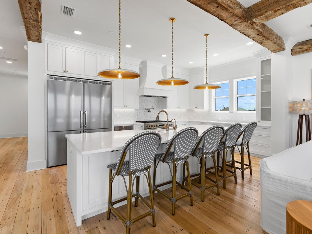 Interior, Kitchen, Pendant Lights, Recessed Lighting, Stainless Steel Appliances, Water, Wood Texture Flooring
