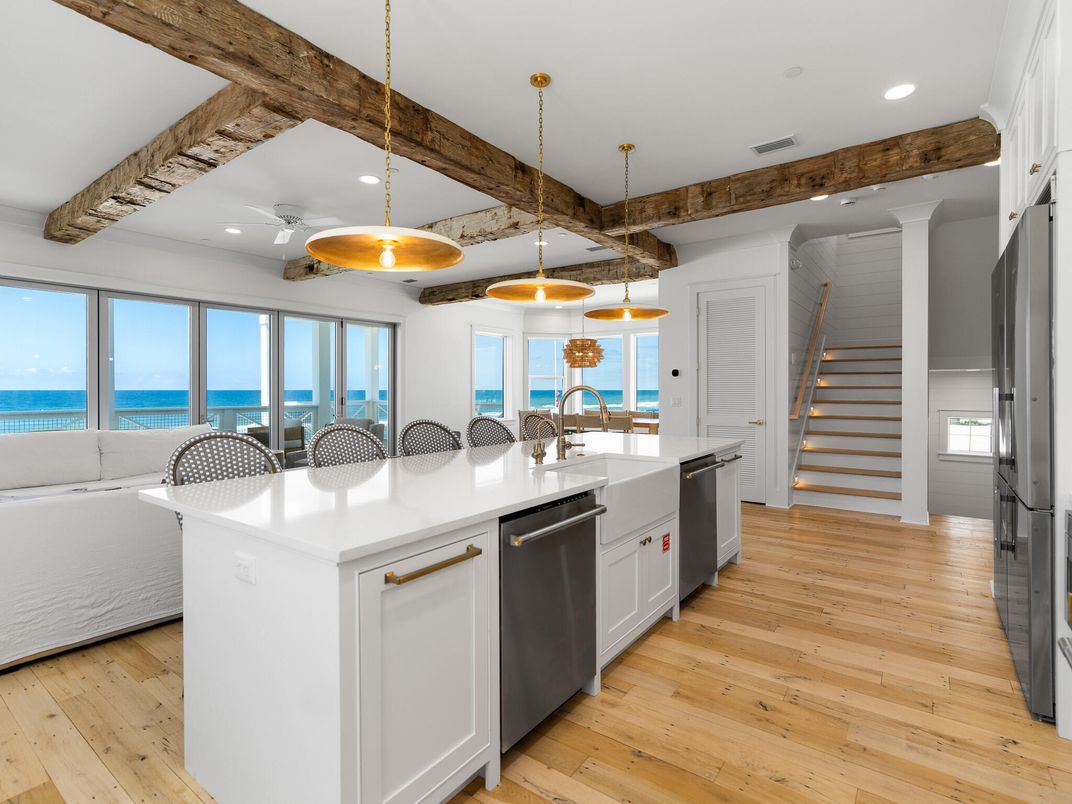 Interior, Kitchen, Pendant Lights, Recessed Lighting, Stainless Steel Appliances, Water, Wooden Beams, Wood Texture Flooring