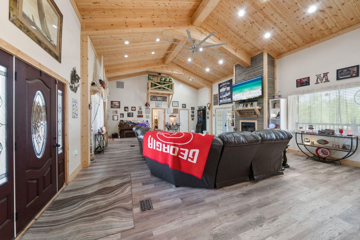 Fireplace, Interior, Recessed Lighting, Wooden Beams, Wooden Ceilings, Wood Texture Flooring