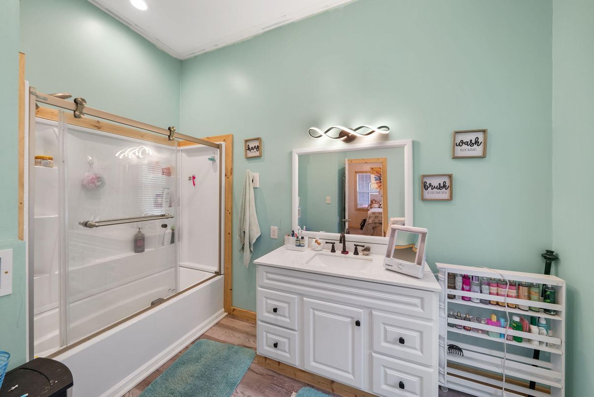 Bathroom, Glass Shower, Interior, Recessed Lighting, Wood Texture Flooring