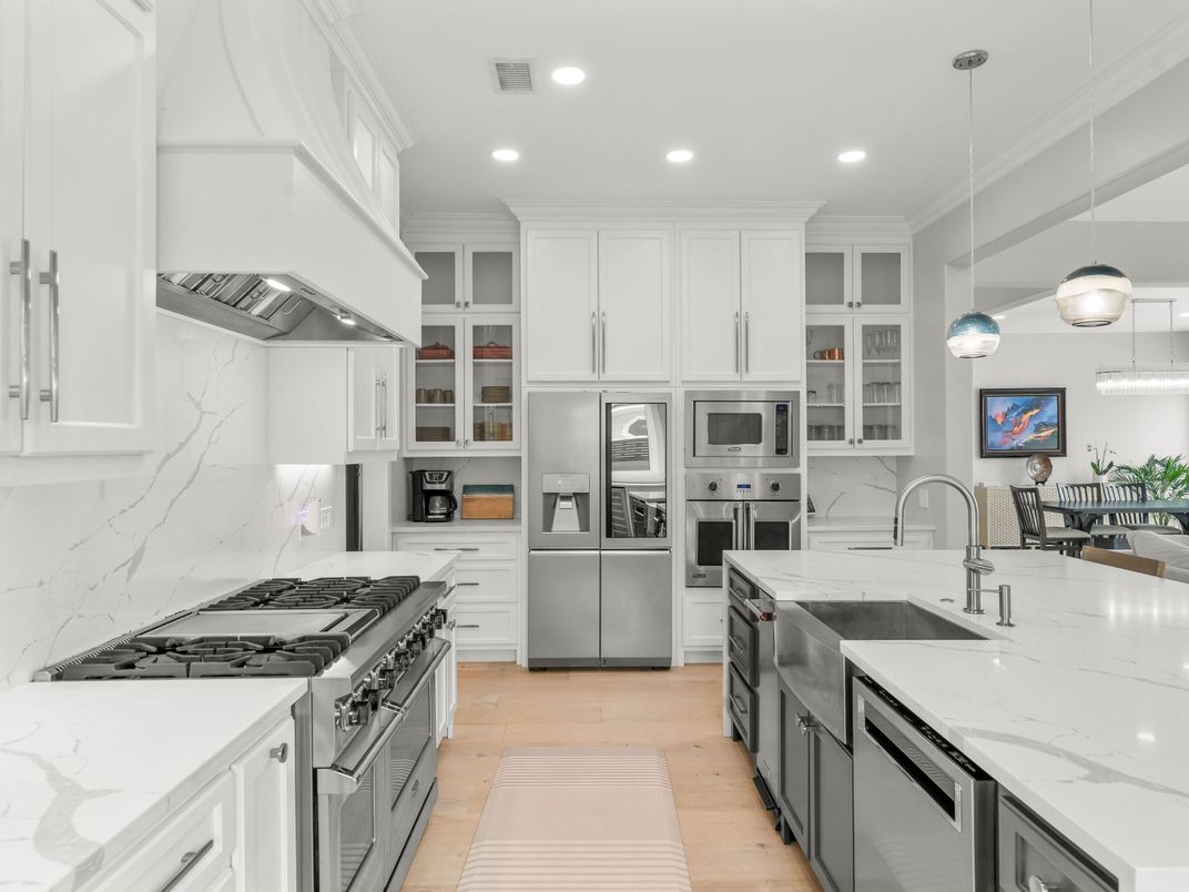 Interior, Kitchen, Pendant Lights, Recessed Lighting, Stainless Steel Appliances, Wood Texture Flooring