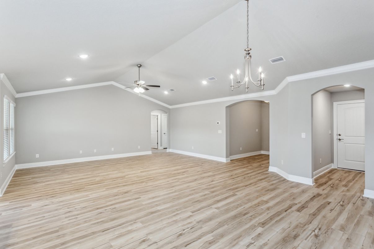 Empty room, Interior, Pendant Lights, Recessed Lighting, Wood Texture Flooring