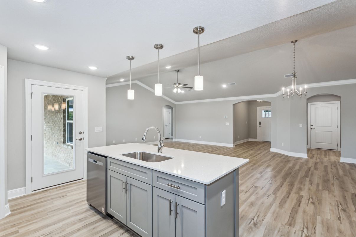 Chandelier, Interior, Kitchen, Pendant Lights, Recessed Lighting, Wood Texture Flooring