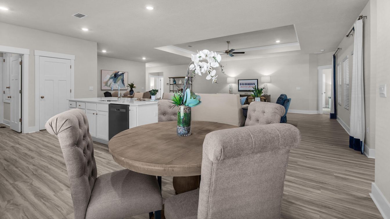 Dining room, Interior, Living room, Recessed Lighting, Wood Texture Flooring