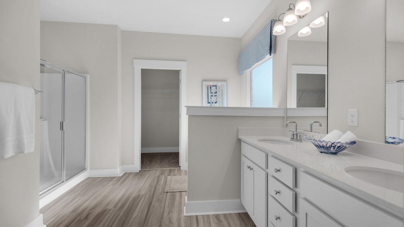 Bathroom, Dual Sink Vanities, Interior, Recessed Lighting, Wood Texture Flooring