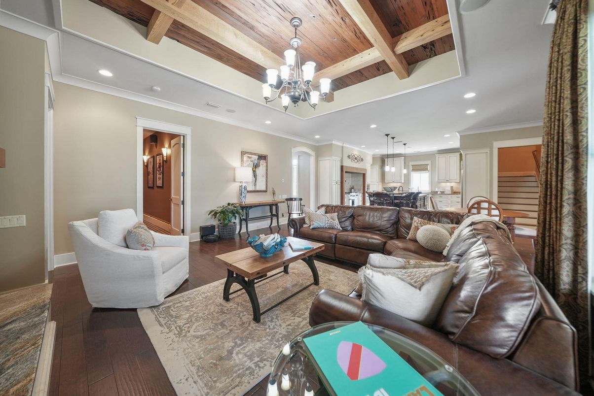 Chandelier, Interior, Living room, Recessed Lighting, Wooden Beams, Wooden Ceilings, Wood Texture Flooring