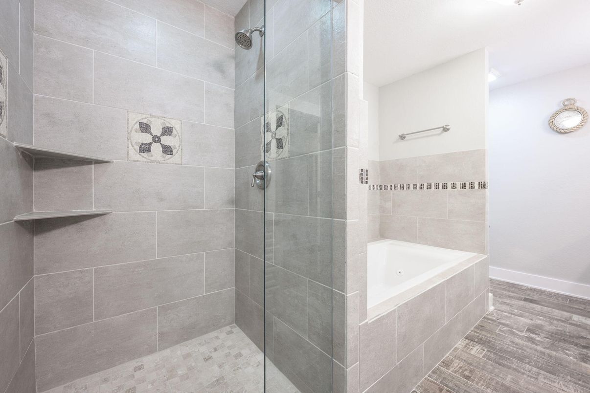 Bathroom, Glass Shower, Interior, Wood Texture Flooring