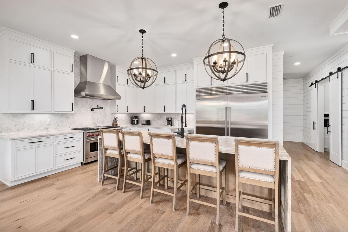 Chandelier, Interior, Kitchen, Pendant Lights, Recessed Lighting, Stainless Steel Appliances, Wood Texture Flooring