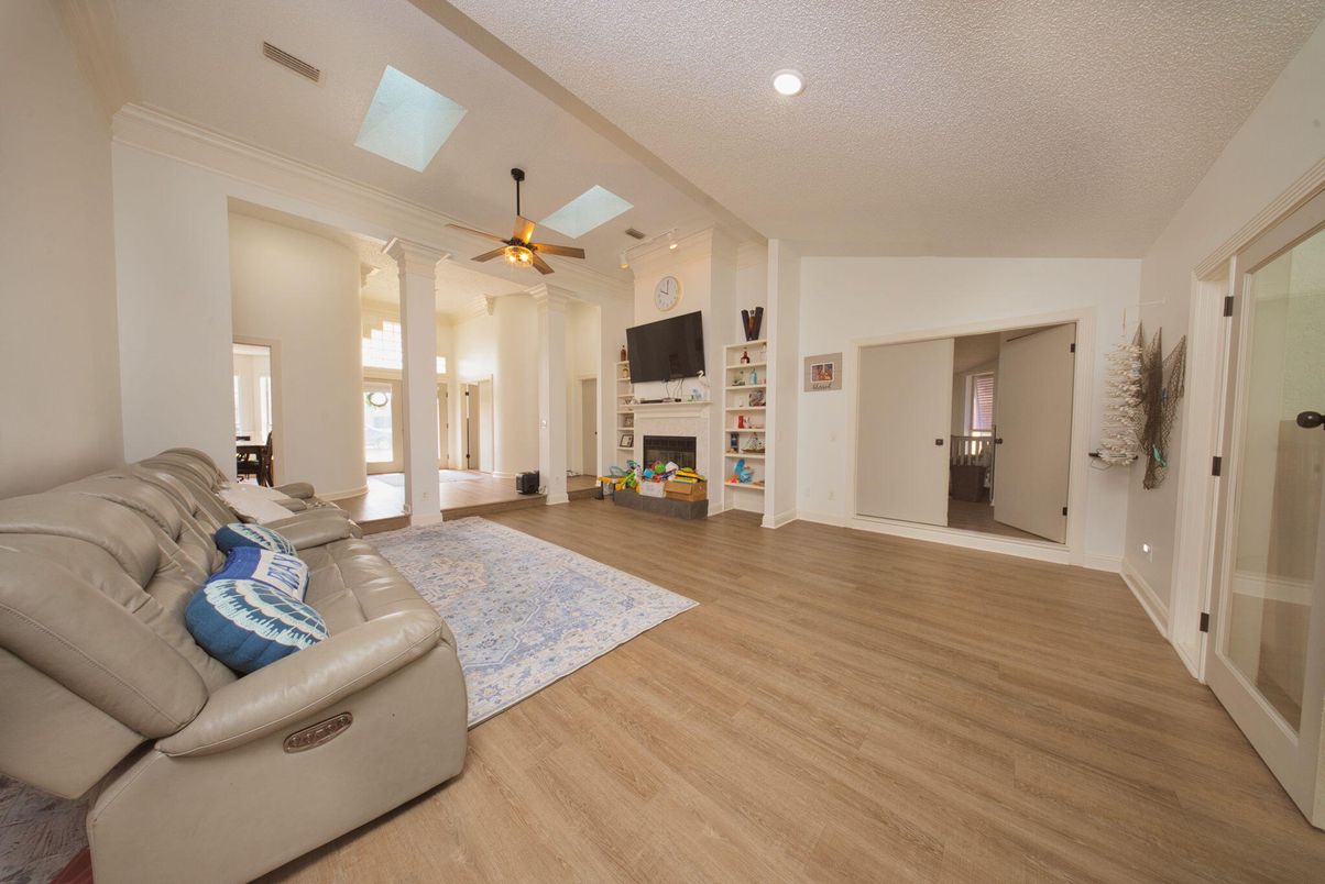 Fireplace, Interior, Living room, Recessed Lighting, Wood Texture Flooring