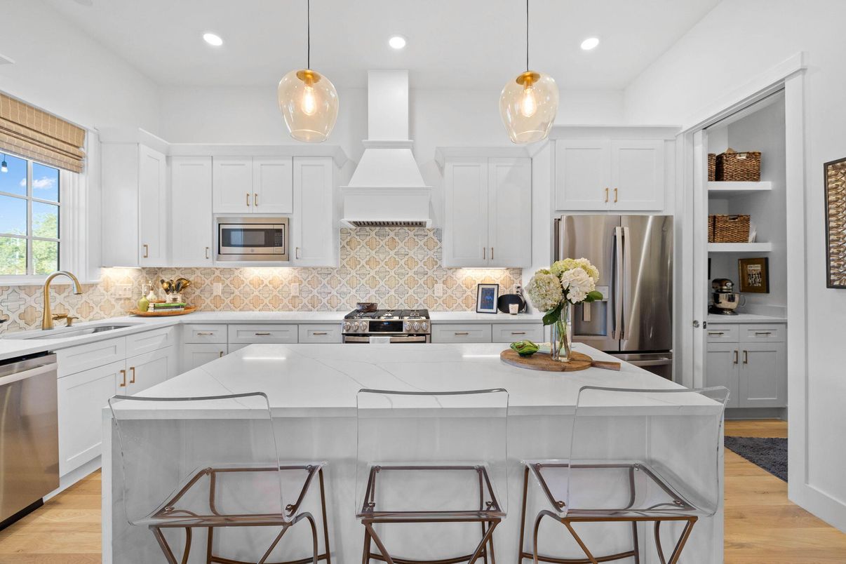 Interior, Kitchen, Pendant Lights, Recessed Lighting, Stainless Steel Appliances, Wood Texture Flooring