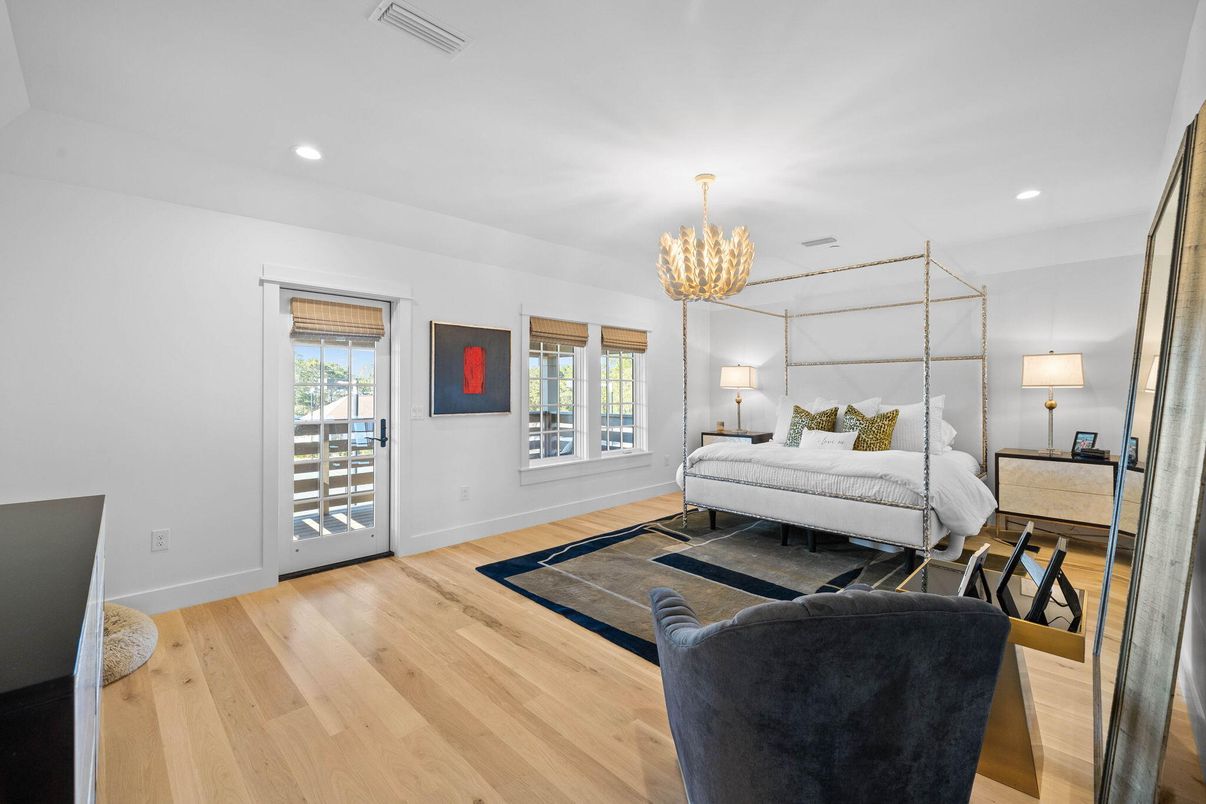 Bedroom, Chandelier, Interior, Recessed Lighting, Wood Texture Flooring