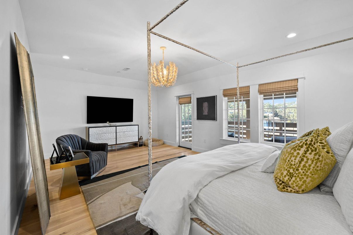 Bedroom, Chandelier, Interior, Recessed Lighting, Wood Texture Flooring