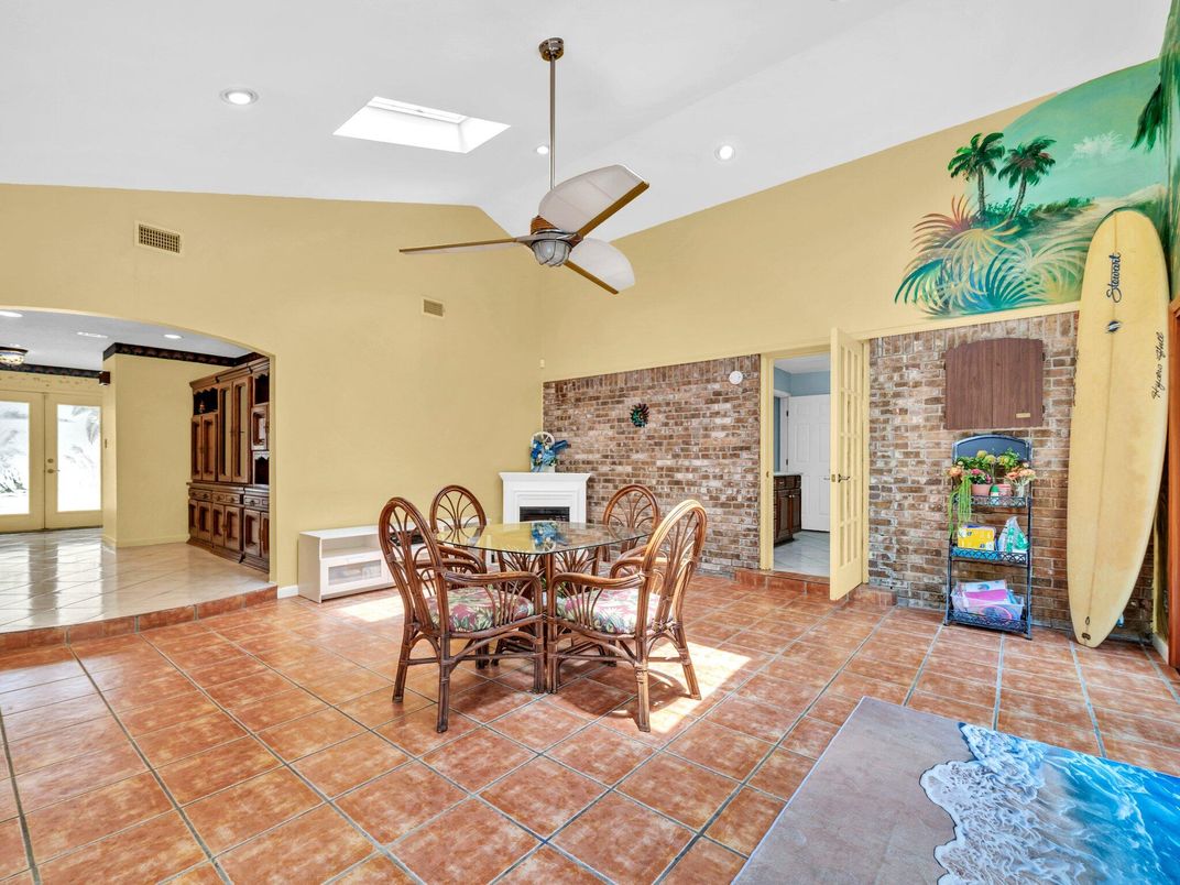 Dining room, Fireplace, Interior, Recessed Lighting, Stone Walls