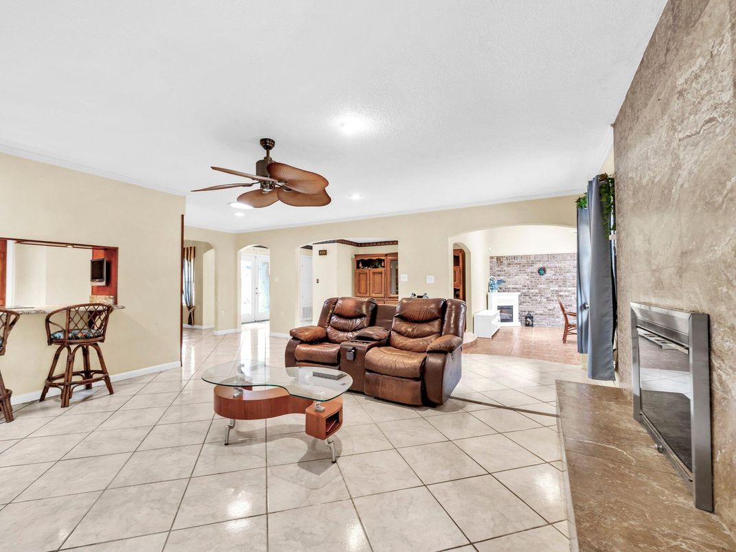 Fireplace, Interior, Living room, Recessed Lighting, Stone Walls
