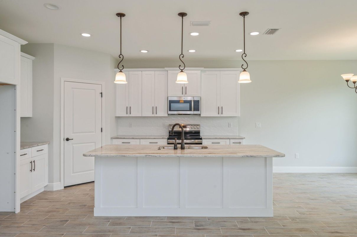 Interior, Kitchen, Pendant Lights, Recessed Lighting, Wood Texture Flooring