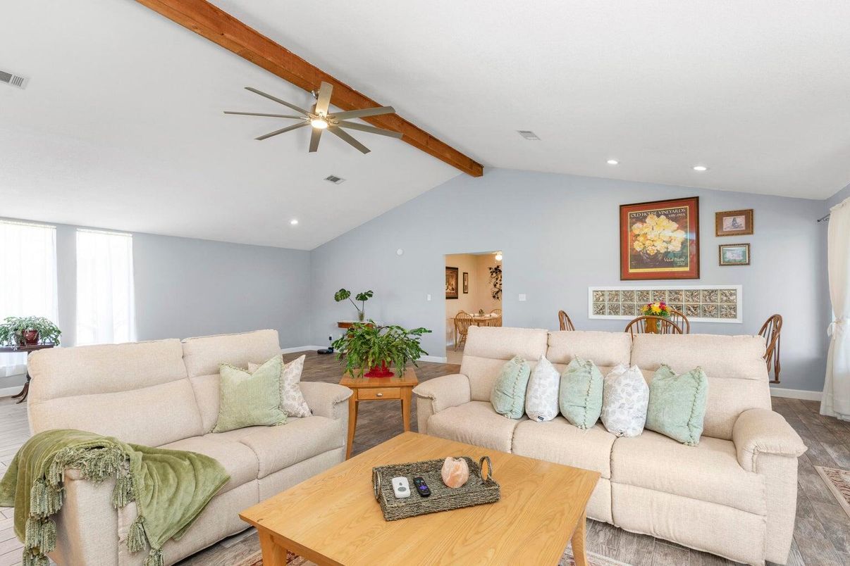Dining room, Interior, Living room, Recessed Lighting, Wooden Beams