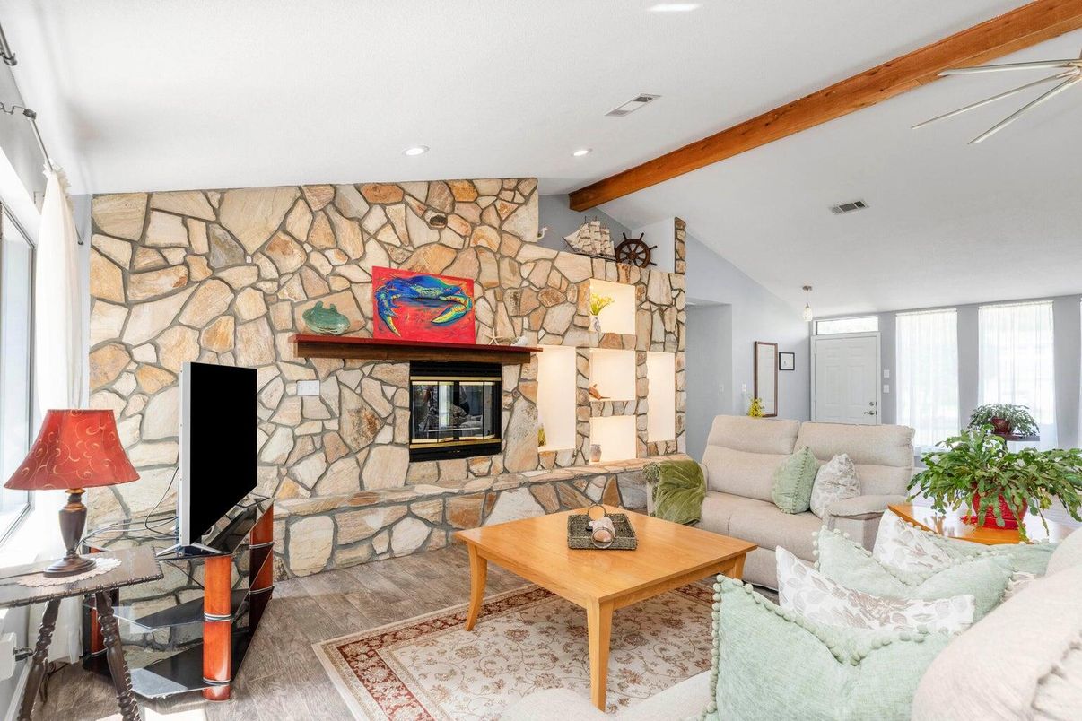 Fireplace, Interior, Living room, Recessed Lighting, Stone Walls, Wooden Beams