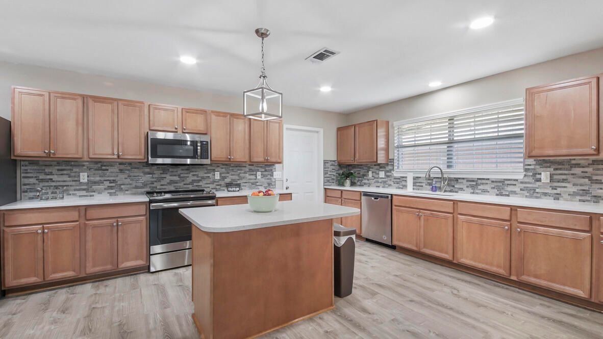 Interior, Kitchen, Pendant Lights, Recessed Lighting, Stainless Steel Appliances, Wood Texture Flooring