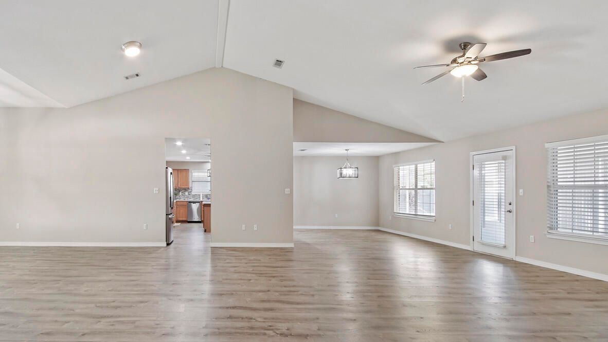 Chandelier, Empty room, Interior, Kitchen, Pendant Lights, Recessed Lighting, Wood Texture Flooring
