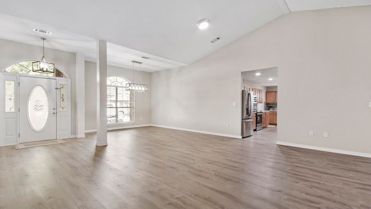 Empty room, Interior, Kitchen, Pendant Lights, Recessed Lighting, Wood Texture Flooring