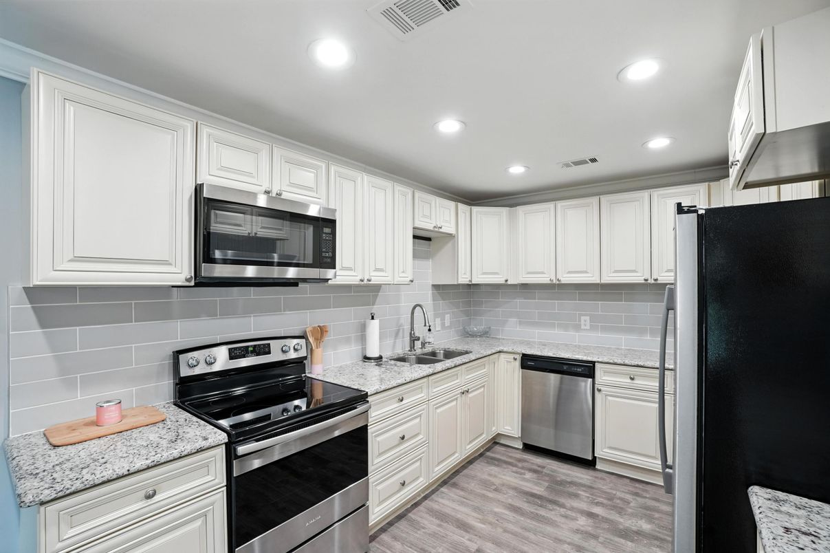 Interior, Kitchen, Recessed Lighting, Stainless Steel Appliances, Wood Texture Flooring