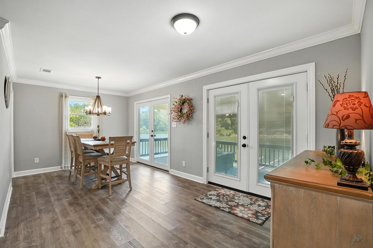 Chandelier, Dining room, Interior, Pendant Lights, Wood Texture Flooring